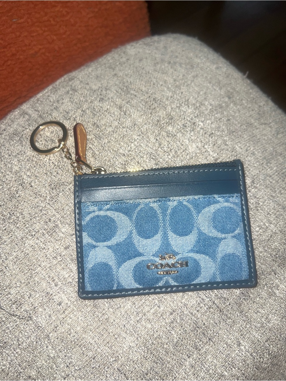 Coach Navy Leather Card Case Keychain with Gold Hardware